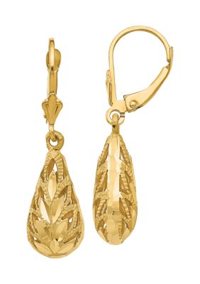 14K Yellow Gold Polished and Diamond-Cut Dangle Leverback Earrings