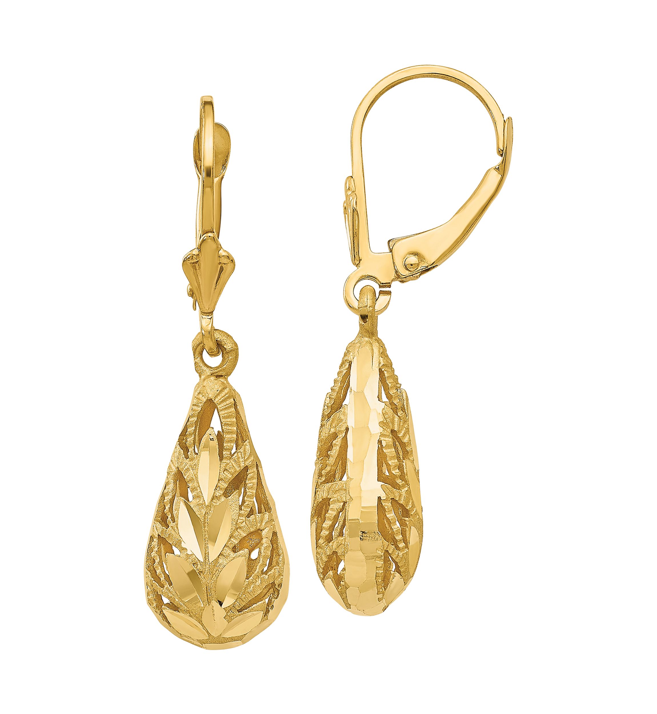 14K Yellow Gold Polished and Diamond-Cut Dangle Leverback Earrings