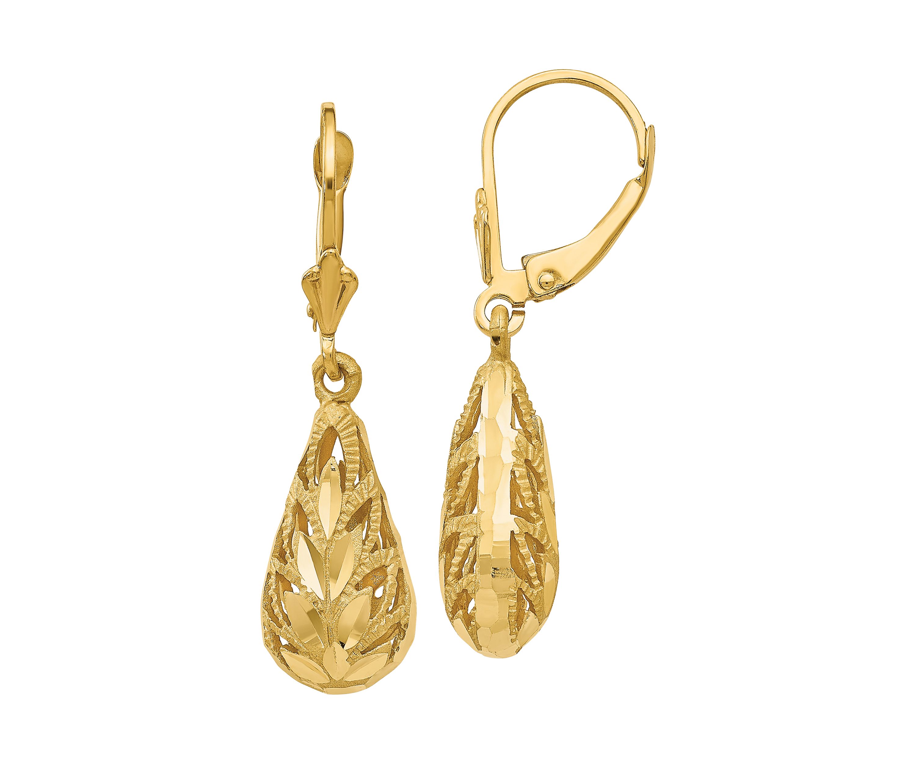 14K Yellow Gold Polished and Diamond-Cut Dangle Leverback Earrings