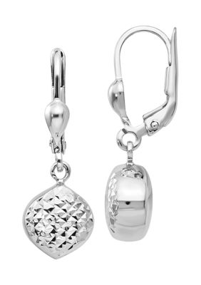 14K White Gold Polished and Diamond-Cut Dangle Leverback Earrings