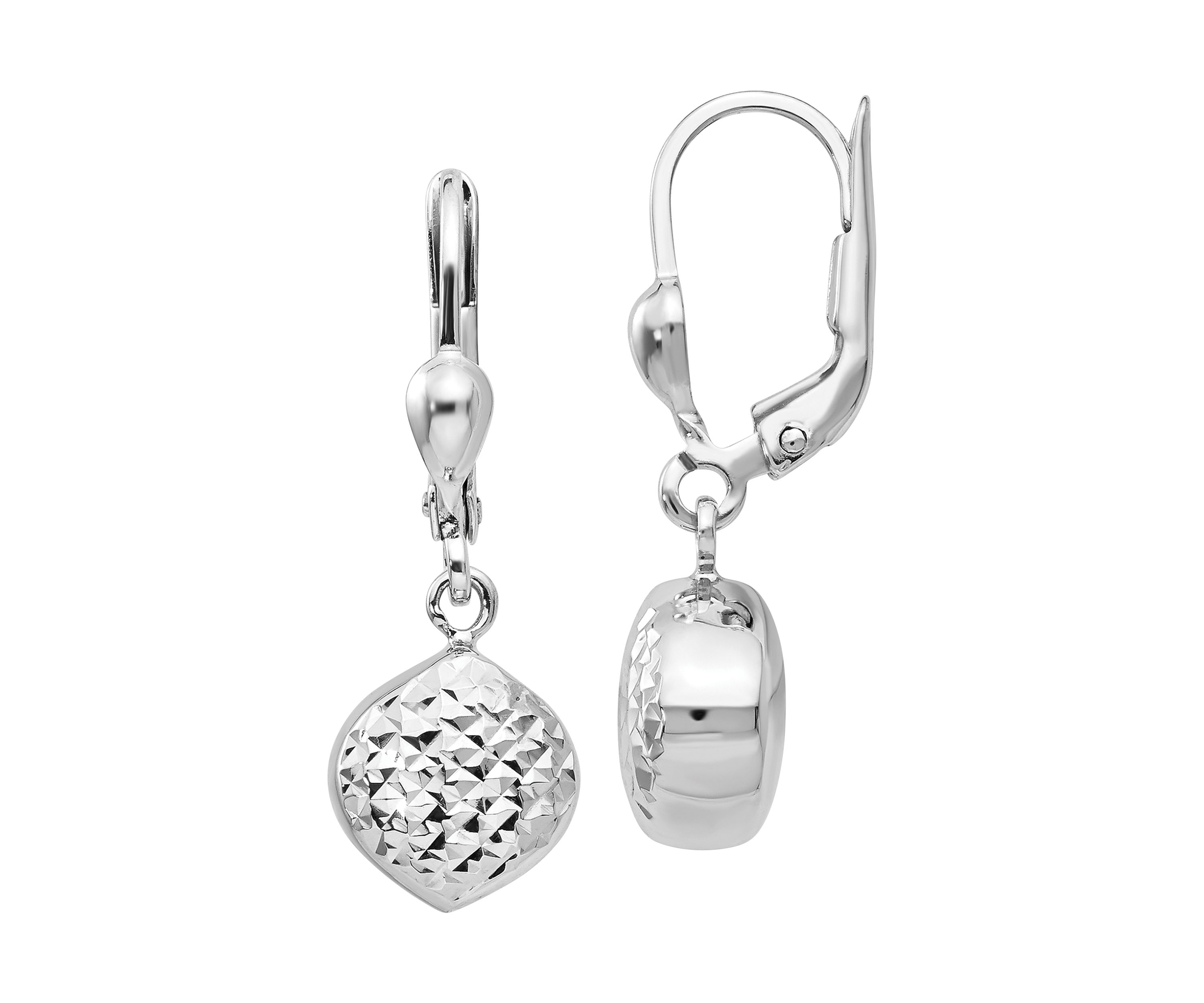14K White Gold Polished and Diamond-Cut Dangle Leverback Earrings