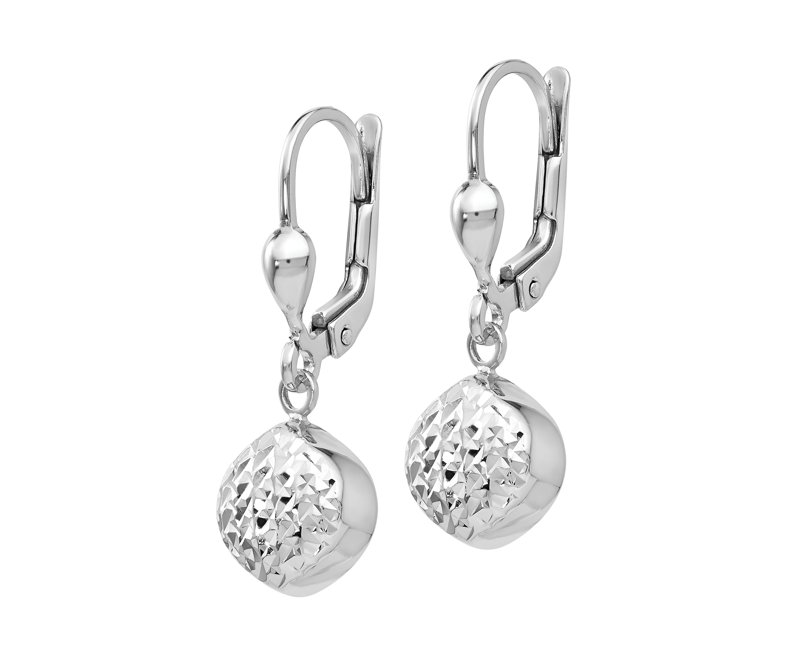 14K White Gold Polished and Diamond-Cut Dangle Leverback Earrings