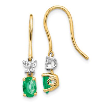 Belk & Co 7/8 ct. t.w. Emerald and 1/8 ct. t.w. Diamond Shepherd Hook Earrings in 14K Two-tone, Yellow
