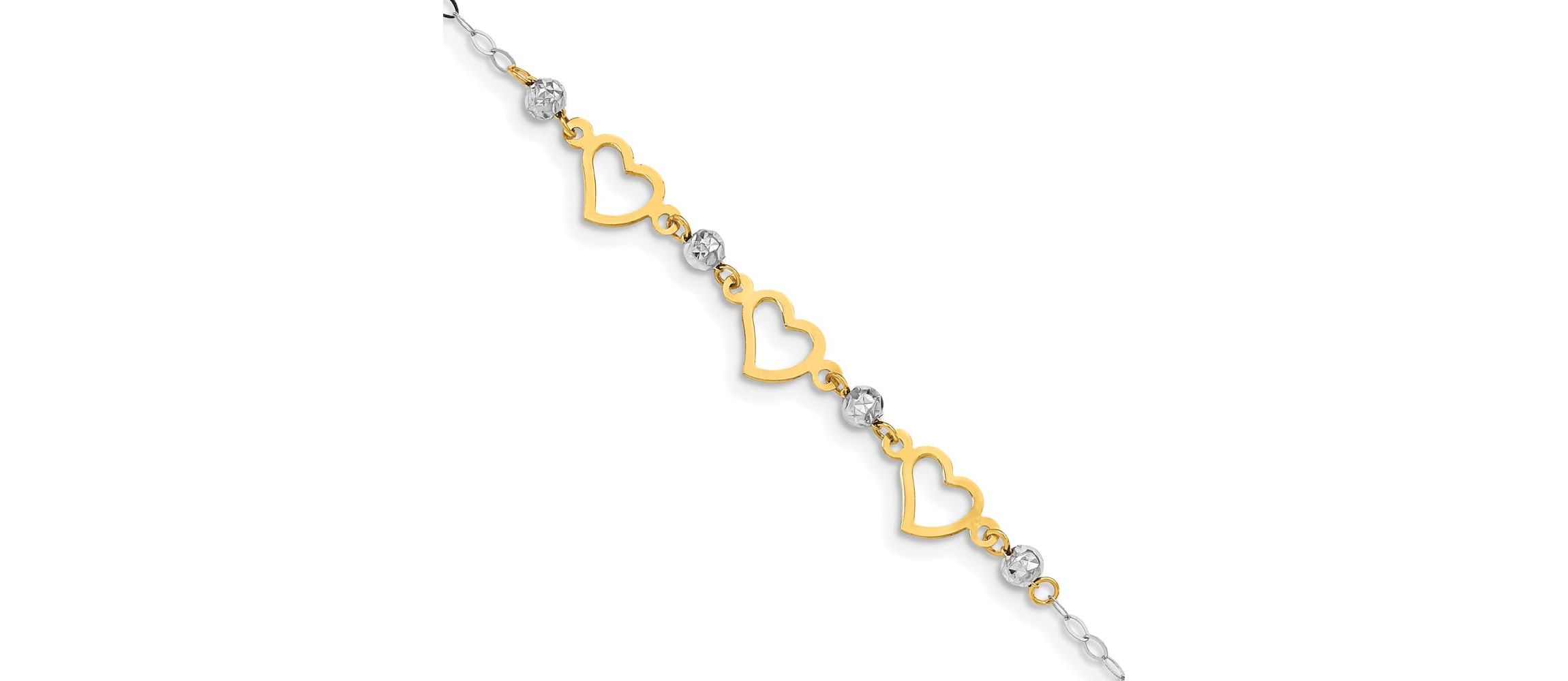 14K Two-tone Oval Link Diamond Cut Beads and Heart Bracelet