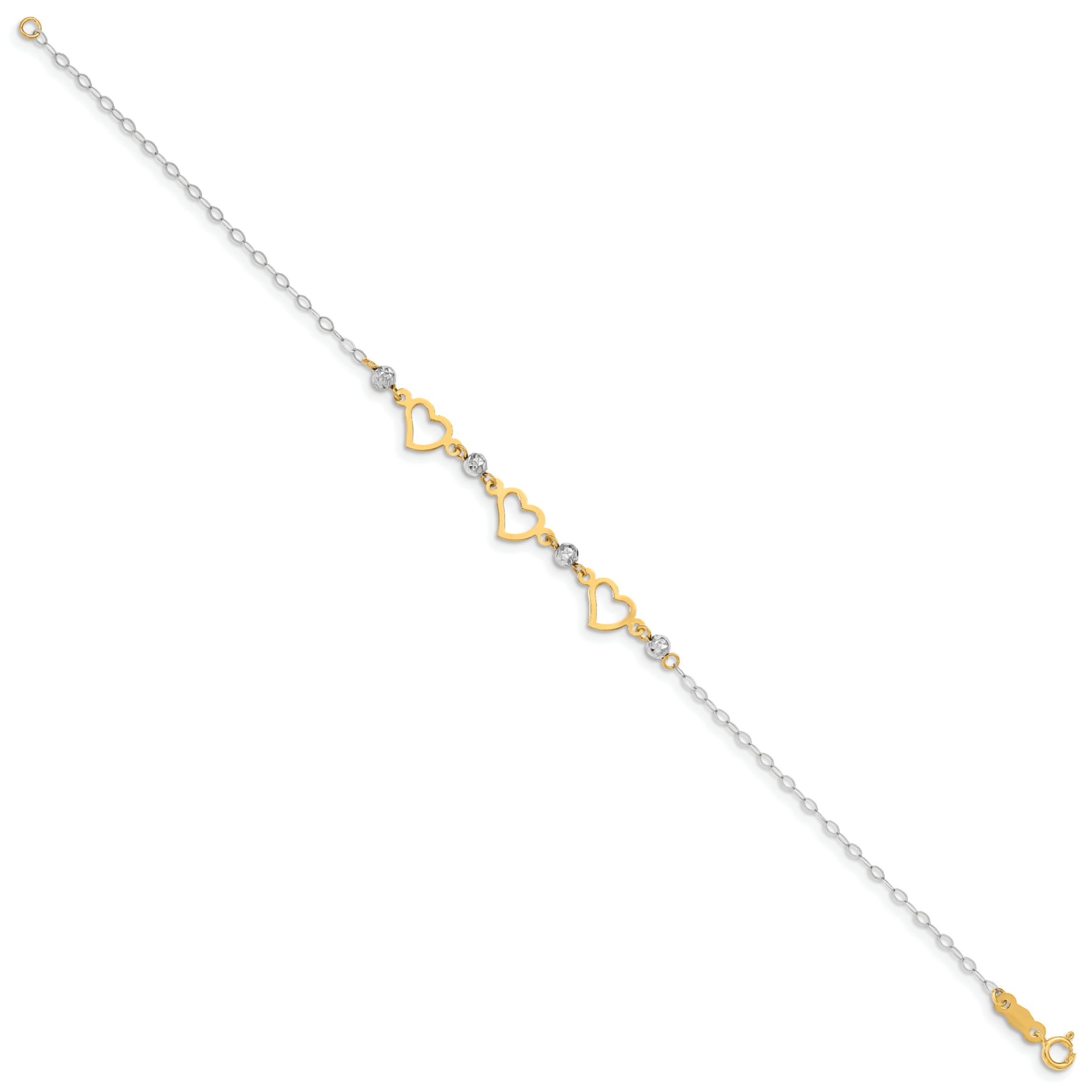 14K Two-tone Oval Link Diamond Cut Beads and Heart Bracelet