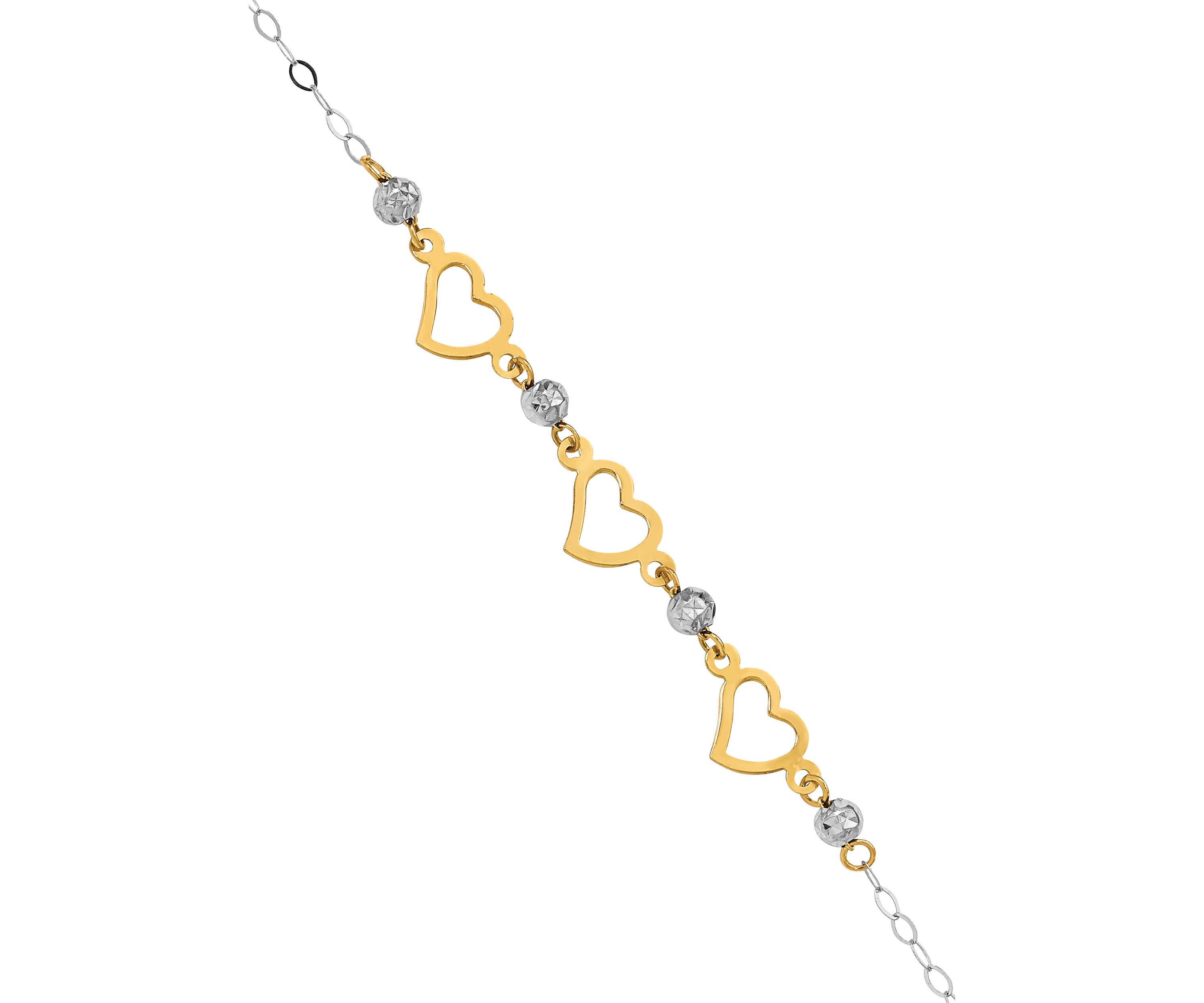 14K Two Tone Oval Link Diamond Cut Beads and Heart 7.5 Inch Bracelet