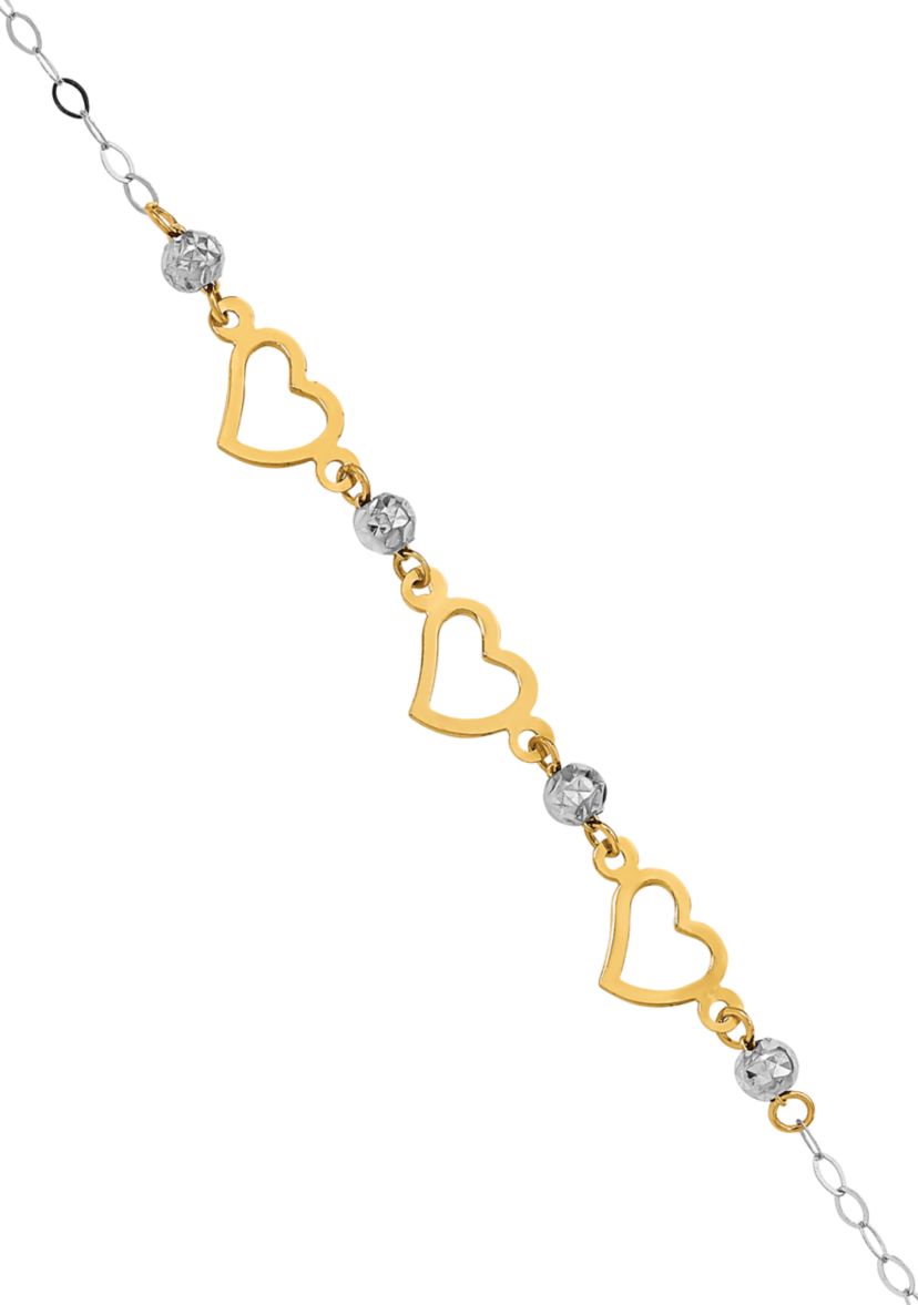 14K Two Tone Oval Link Diamond Cut Beads and Heart 7.5 Inch Bracelet