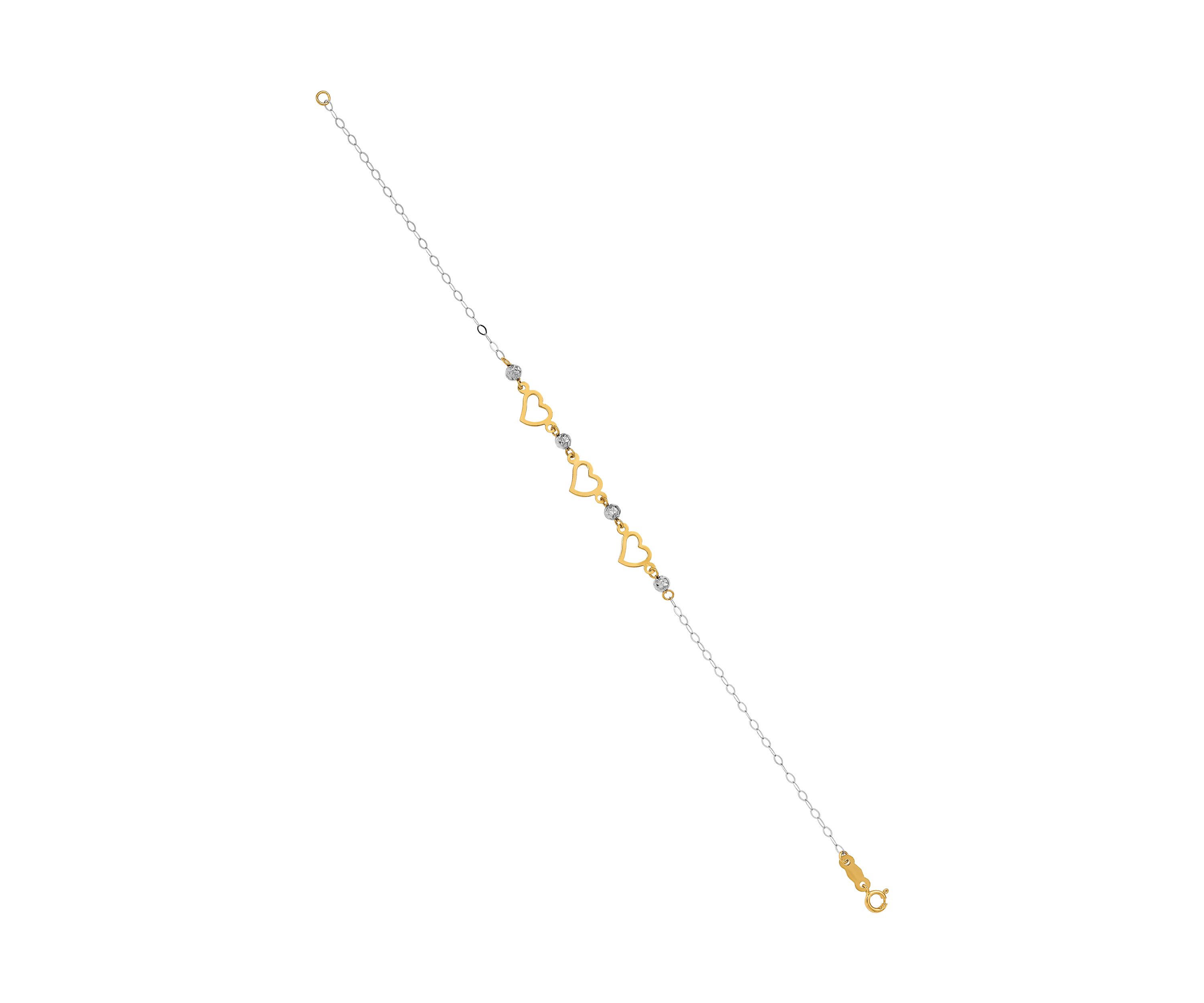 14K Two Tone Oval Link Diamond Cut Beads and Heart 7.5 Inch Bracelet