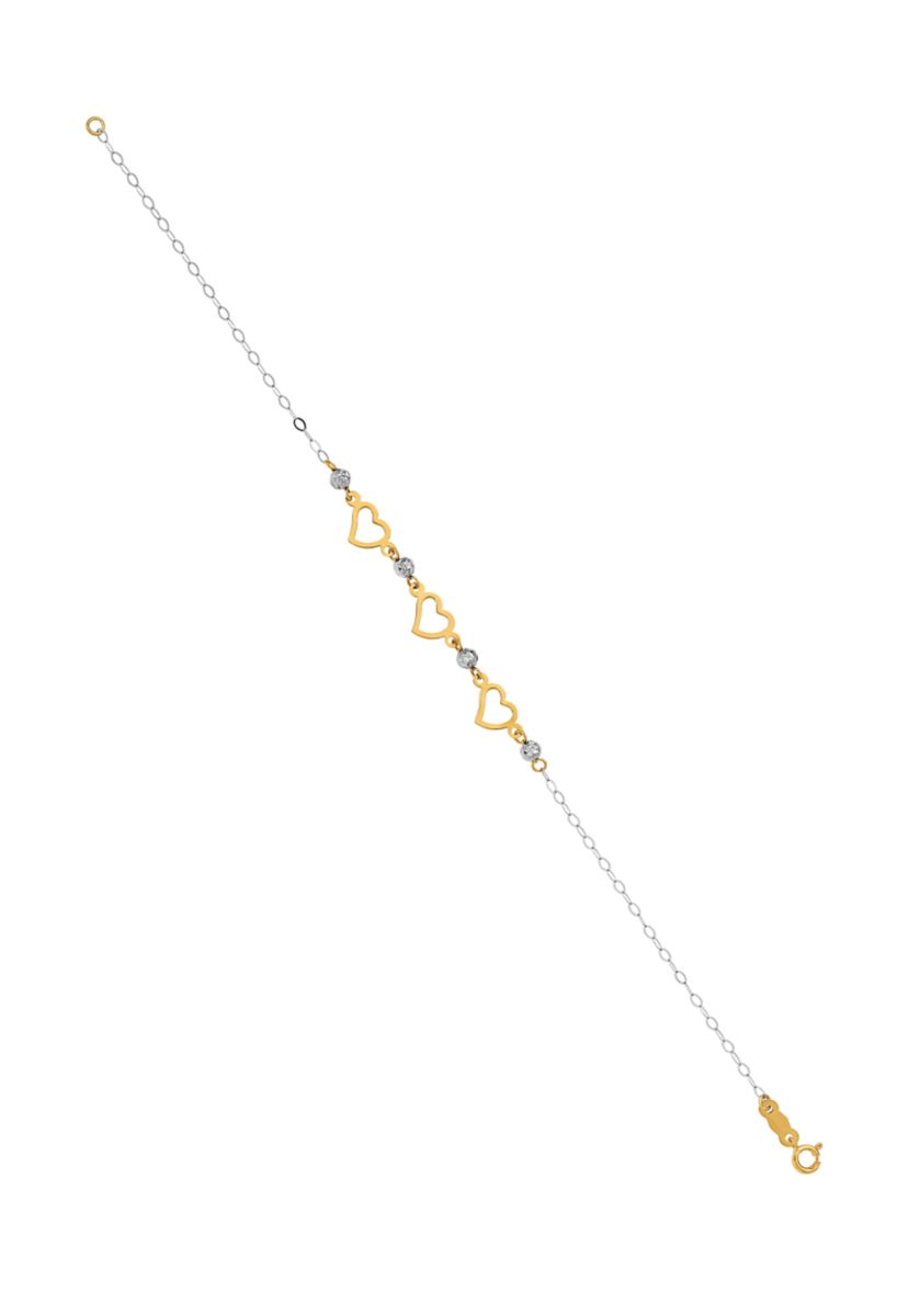 14K Two Tone Oval Link Diamond Cut Beads and Heart 7.5 Inch Bracelet
