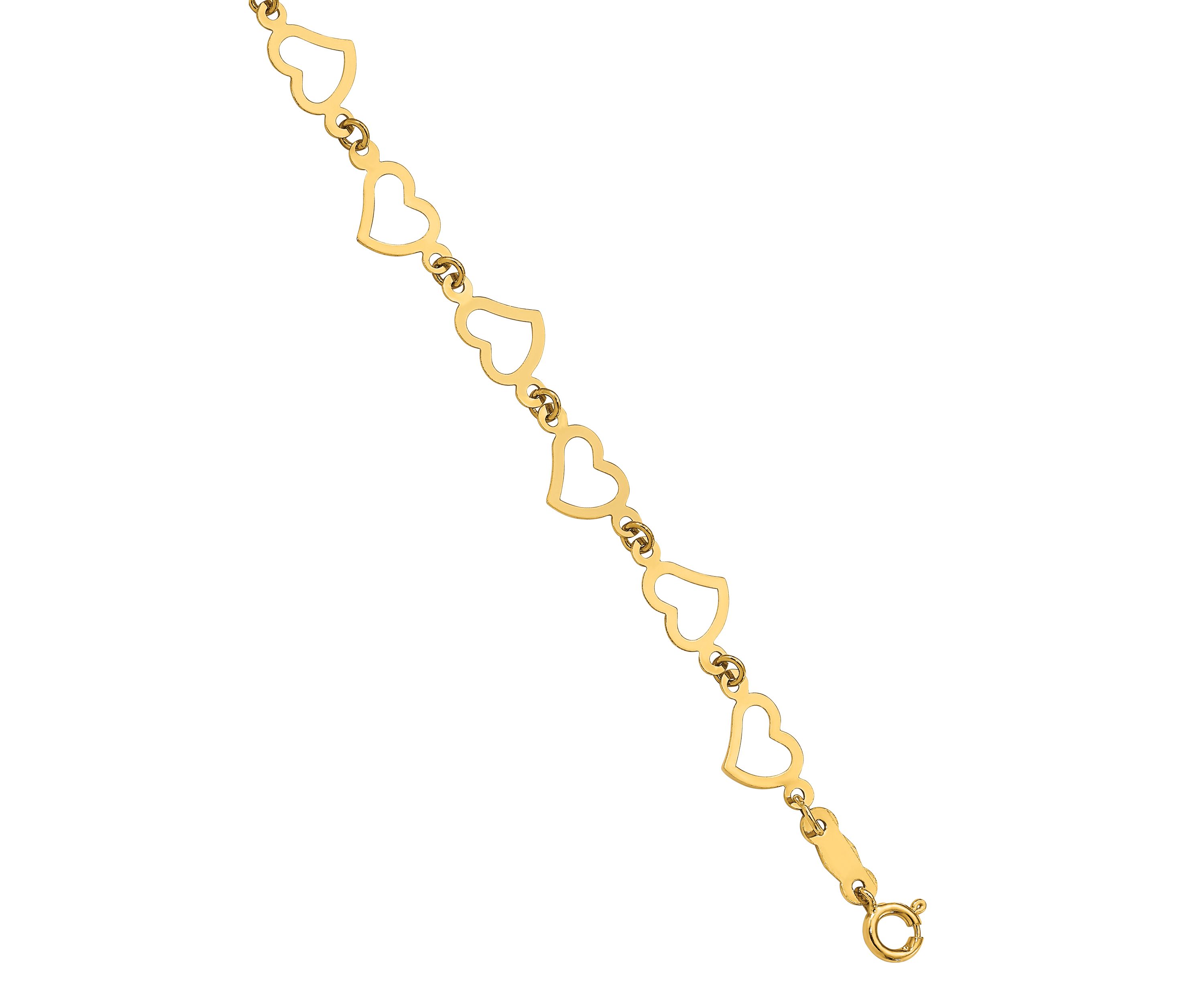 14K Yellow Gold Flat Open Hearts 7.5-Inch Bracelet