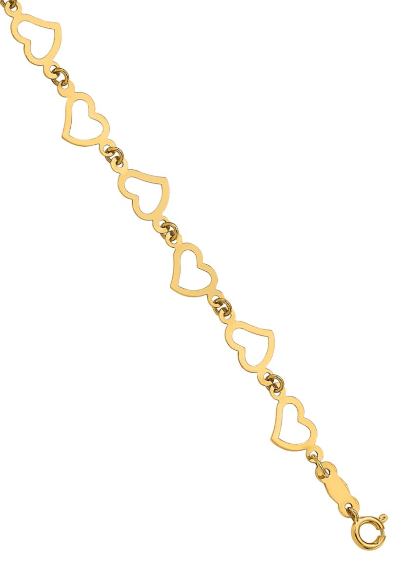 14K Yellow Gold Flat Open Hearts 7.5-Inch Bracelet
