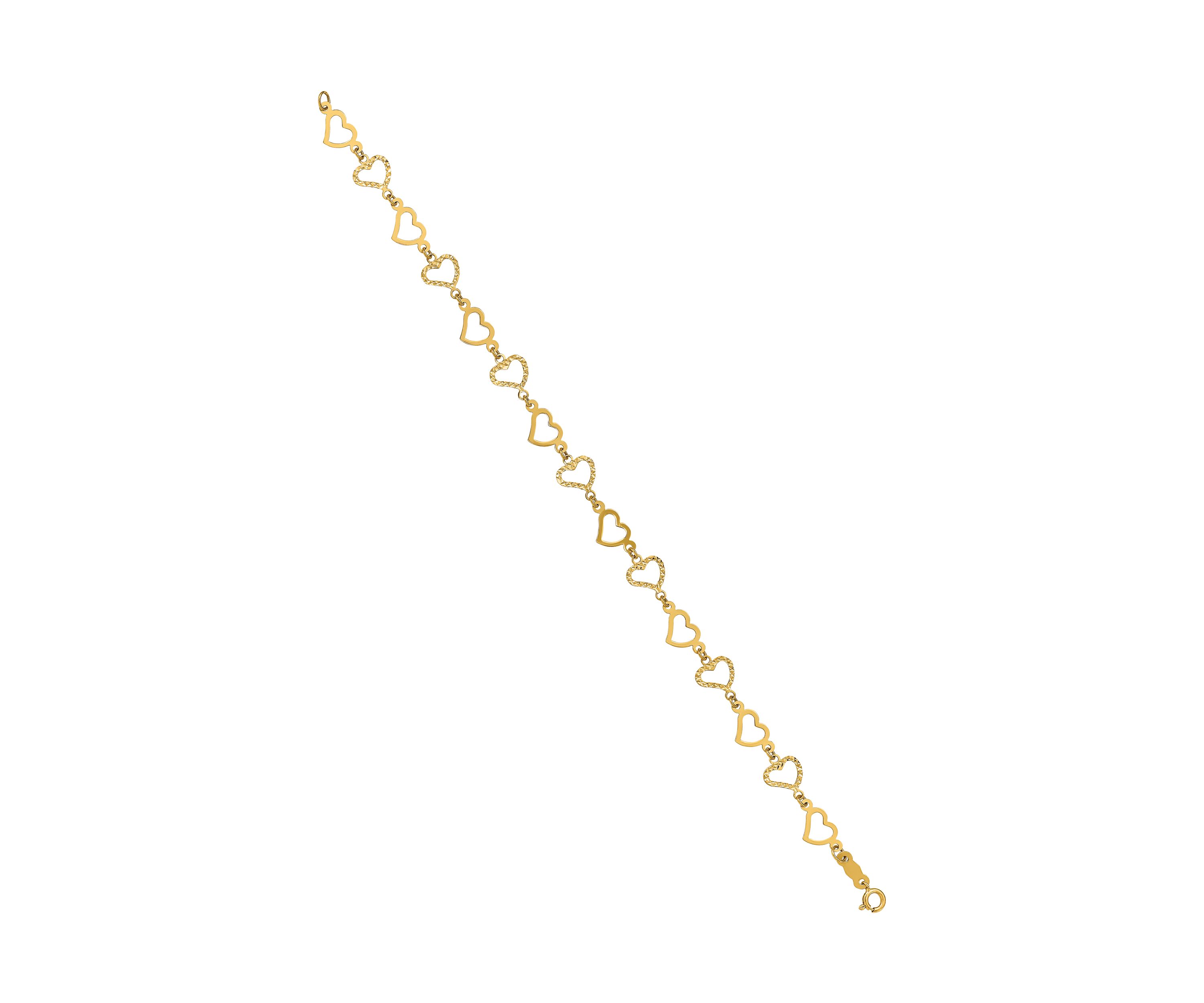 14K Yellow Gold Flat Diamond Cut Open Hearts 7.25 Inch Bracelet