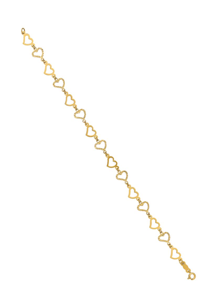 14K Yellow Gold Flat Diamond Cut Open Hearts 7.25 Inch Bracelet