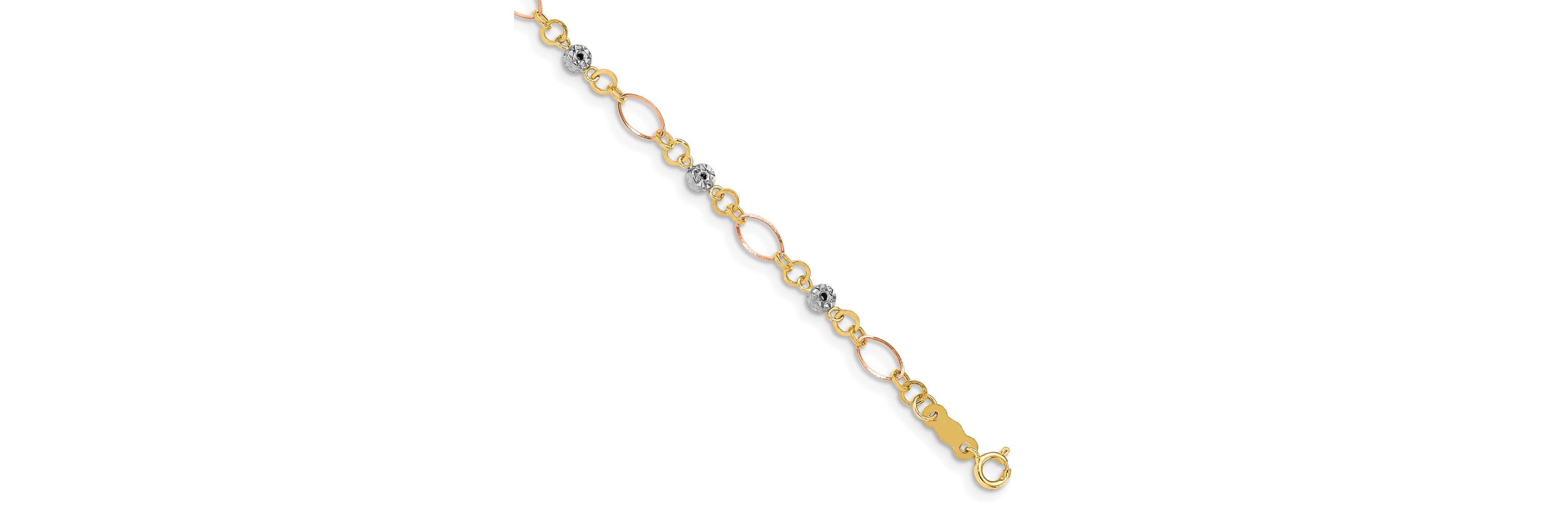 14K Tri-color Polished Diamond-cut Ovals and Donut Beads Bracelet