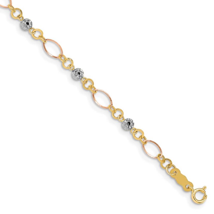 14K Tri-color Polished Diamond-cut Ovals and Donut Beads Bracelet