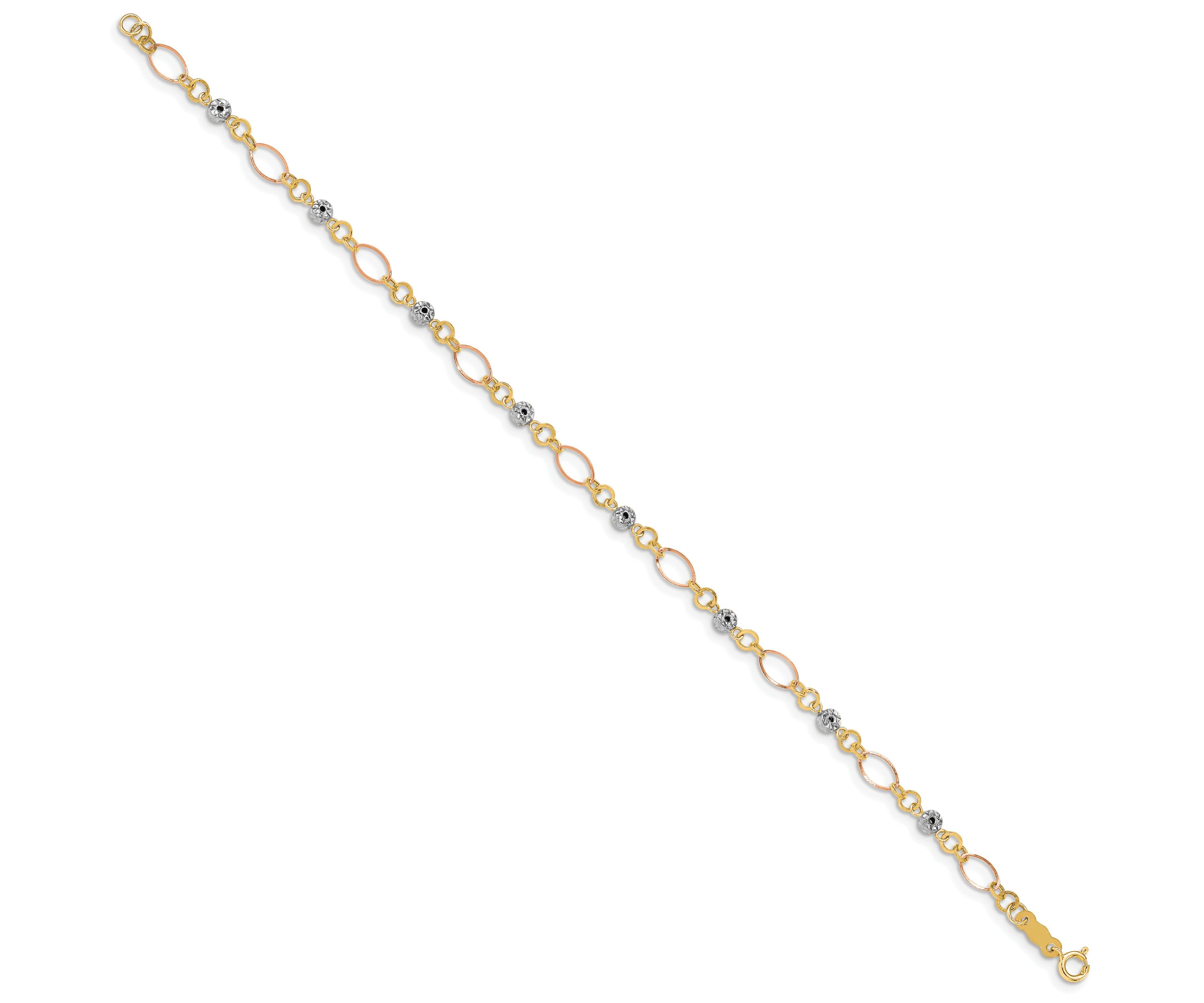 14K Tri-color Polished Diamond-cut Ovals and Donut Beads Bracelet