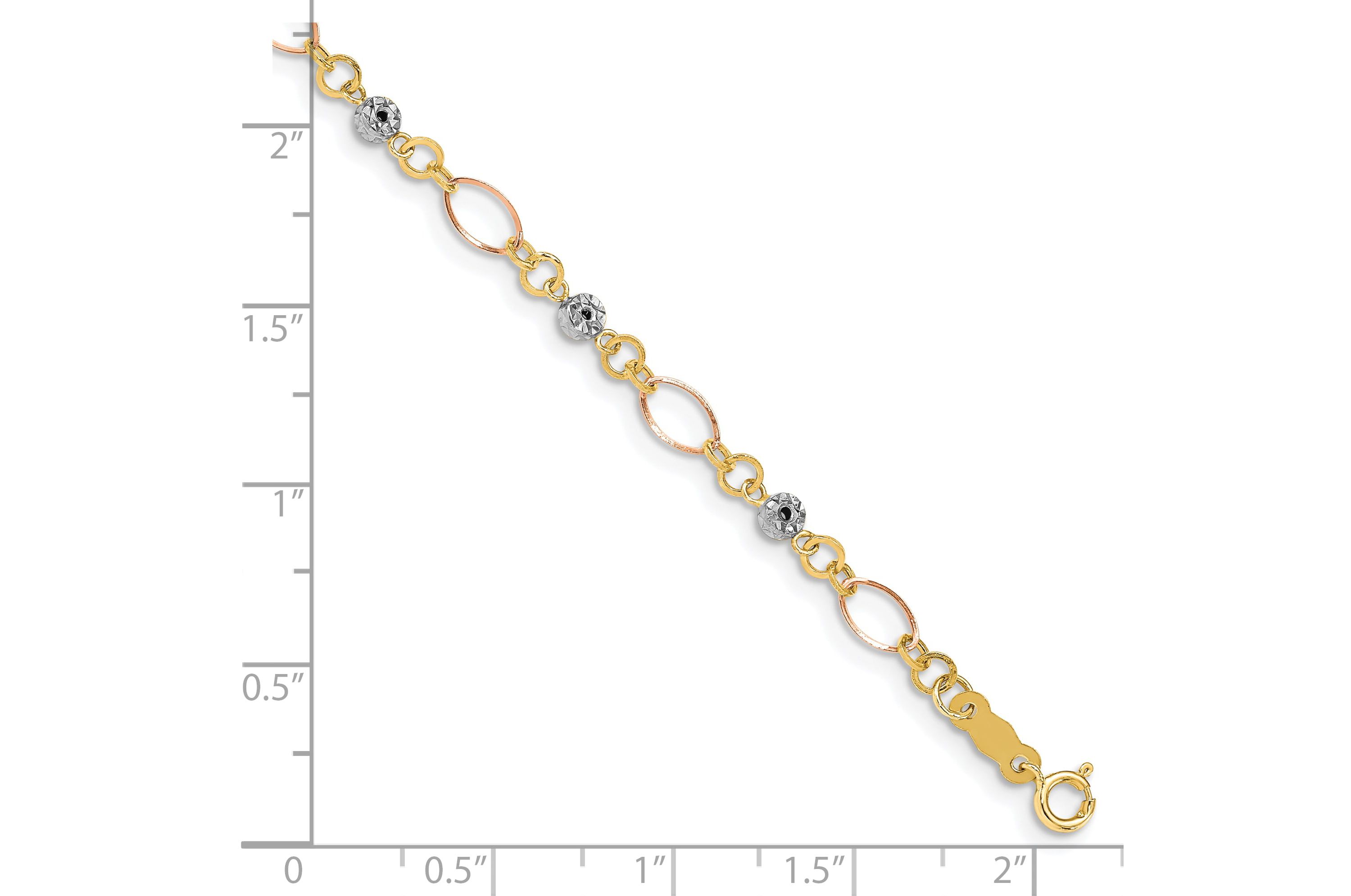 14K Tri-color Polished Diamond-cut Ovals and Donut Beads Bracelet