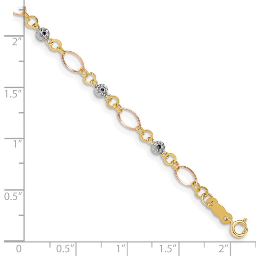 14K Tri-color Polished Diamond-cut Ovals and Donut Beads Bracelet