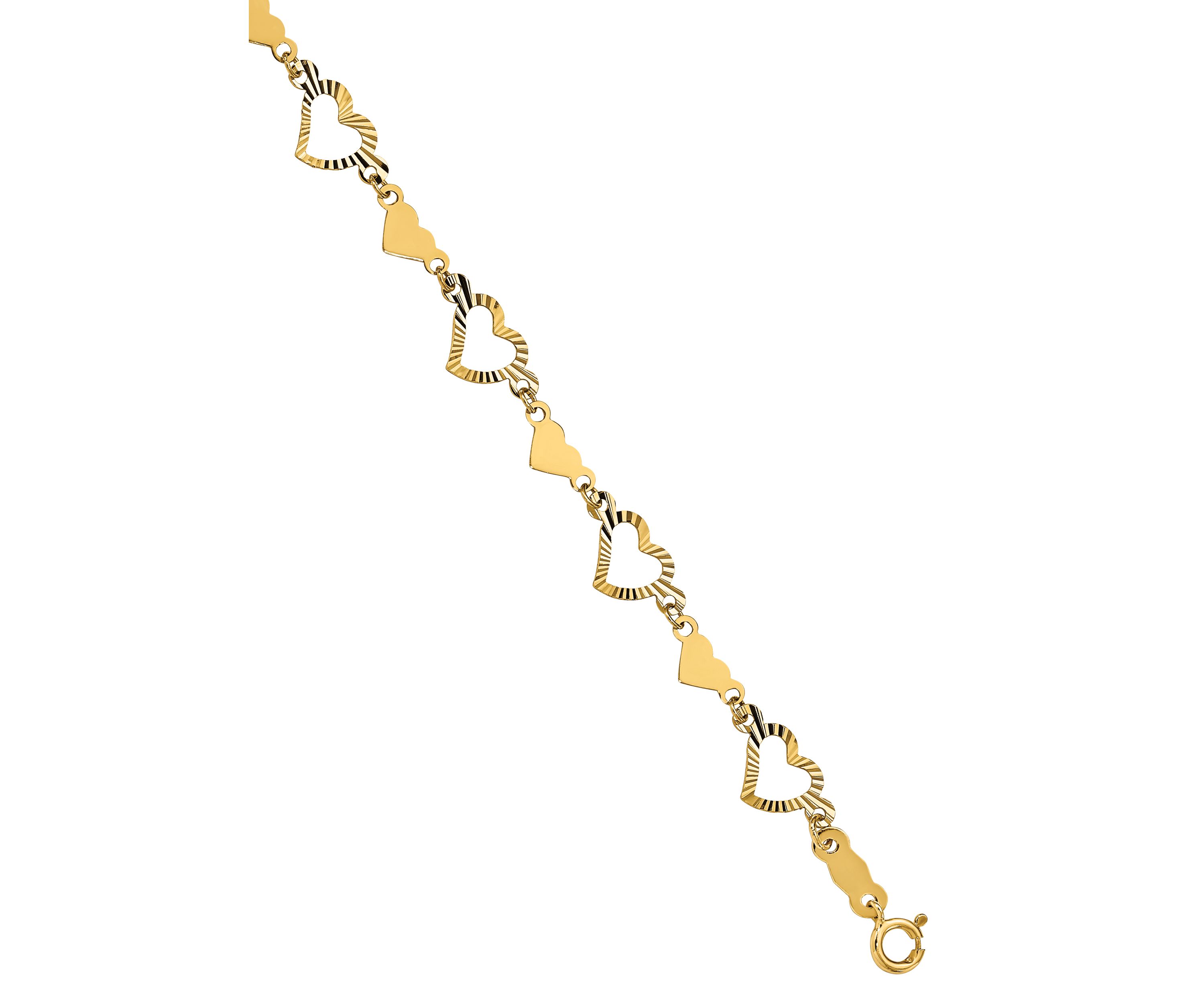 14K Yellow Gold Polished Diamond Cut Open and Stamp Heart 7.5 Inch Bracelet