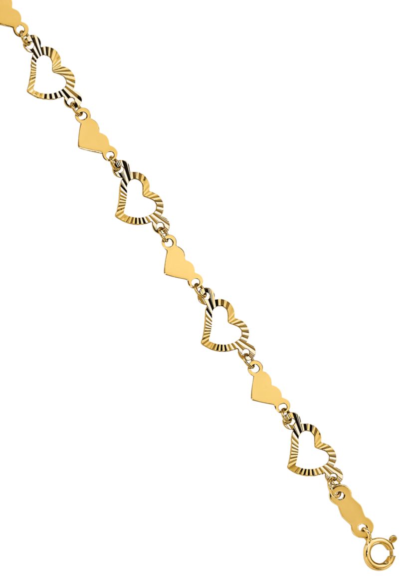 14K Yellow Gold Polished Diamond Cut Open and Stamp Heart 7.5 Inch Bracelet