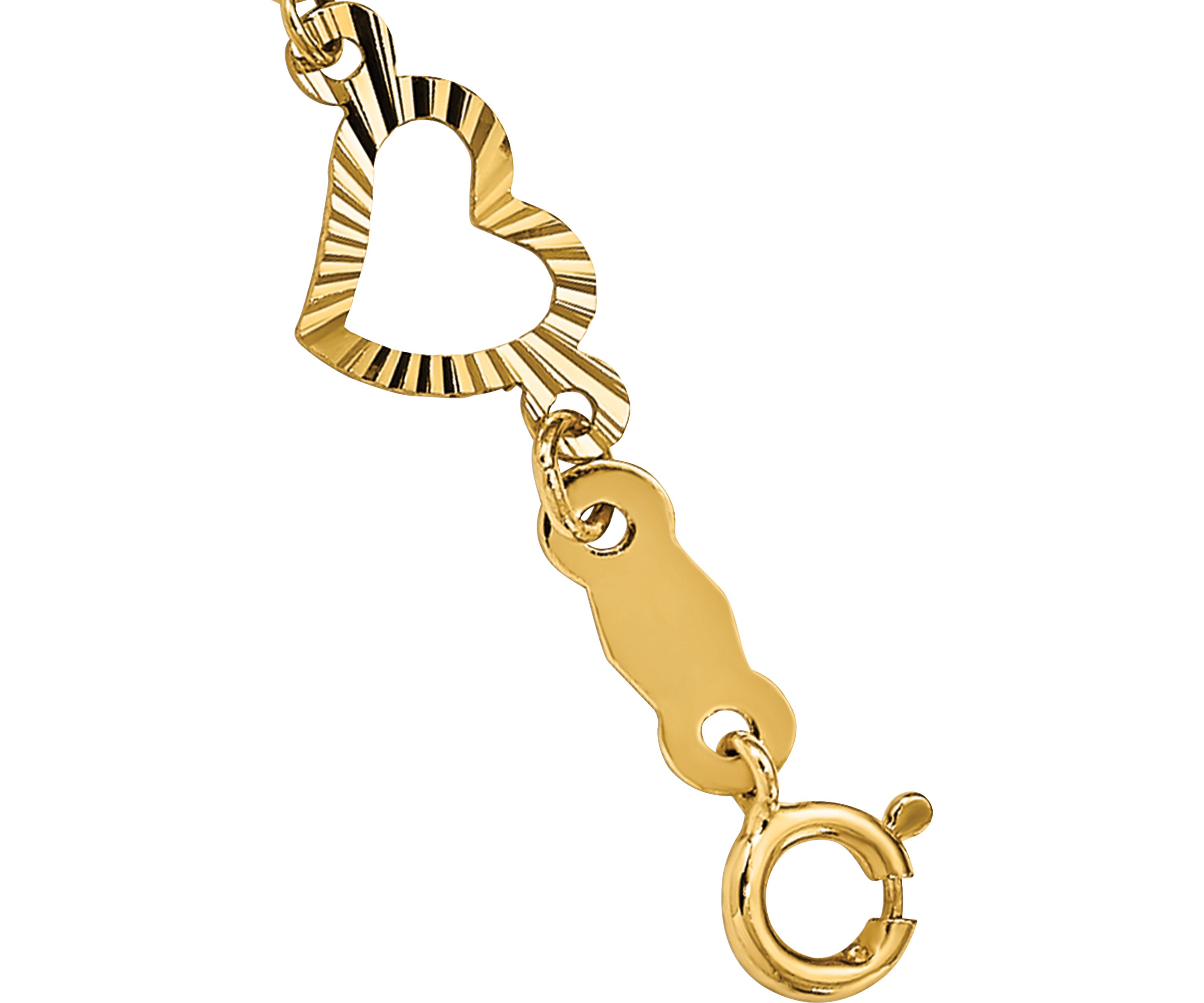 14K Yellow Gold Polished Diamond Cut Open and Stamp Heart 7.5 Inch Bracelet