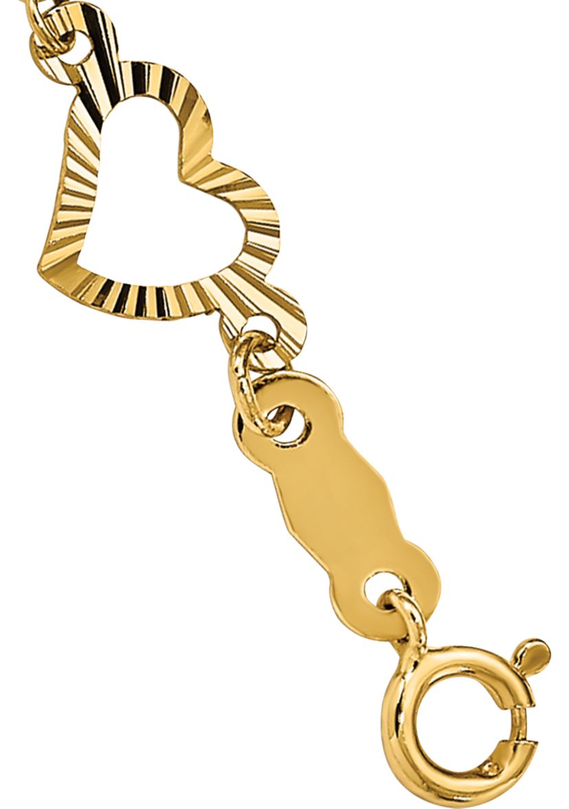 14K Yellow Gold Polished Diamond Cut Open and Stamp Heart 7.5 Inch Bracelet