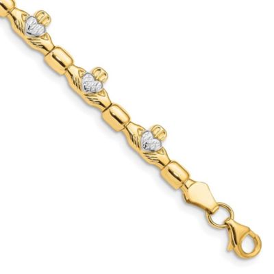 Belk & Co 14K Yellow Gold with Rhodium Diamond-cut Claddagh Polished Link Bracelet, 7.25 in