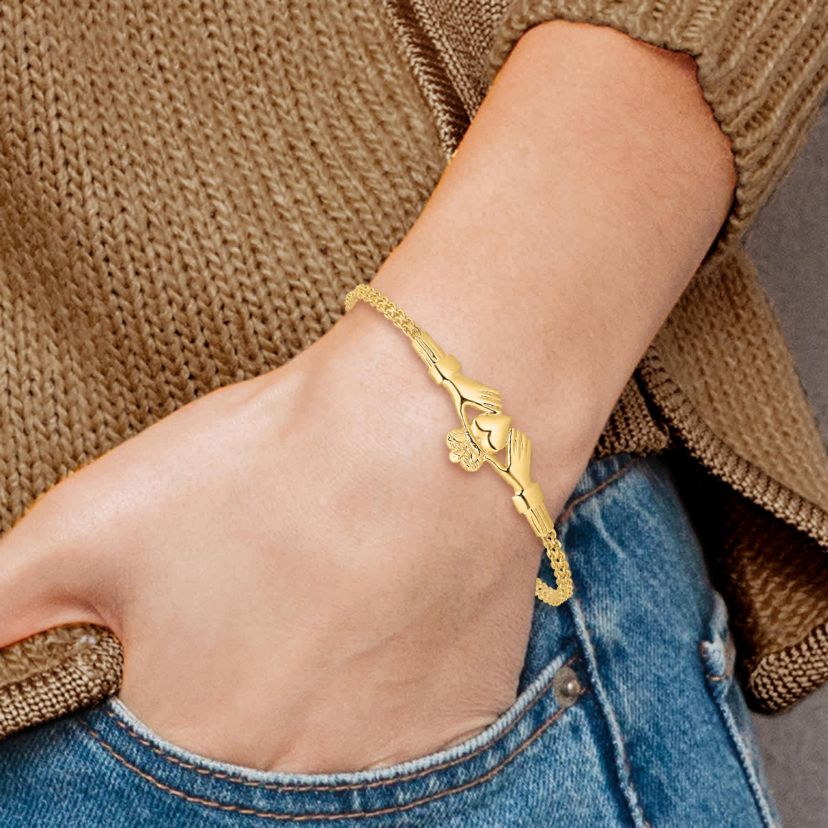14K Yellow Gold Polished Claddagh Bracelet