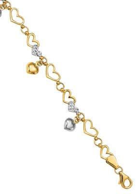 Belk & Co 14K Yellow Gold and White Rhodium Plated Polished Heart Diamond Cut 7.25 Inch Bracelet