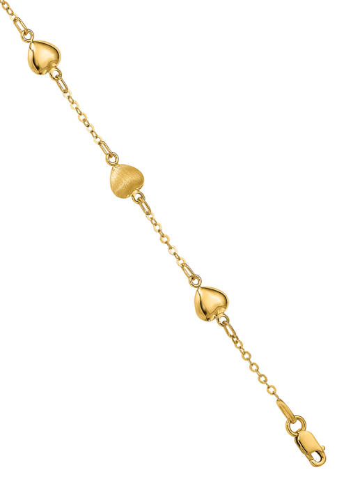 14K Yellow Gold Brushed and Polished Hearts 7 Inch Bracelet