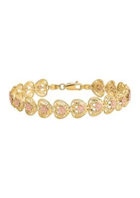 Belk & Co 14K Two-Tone Diamond-cut Heart with Flowers 7.25-inch Bracelet, Yellow