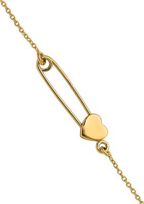 Belk & Co 14K Yellow Gold Safety Pin with Heart 7 Inch Bracelet