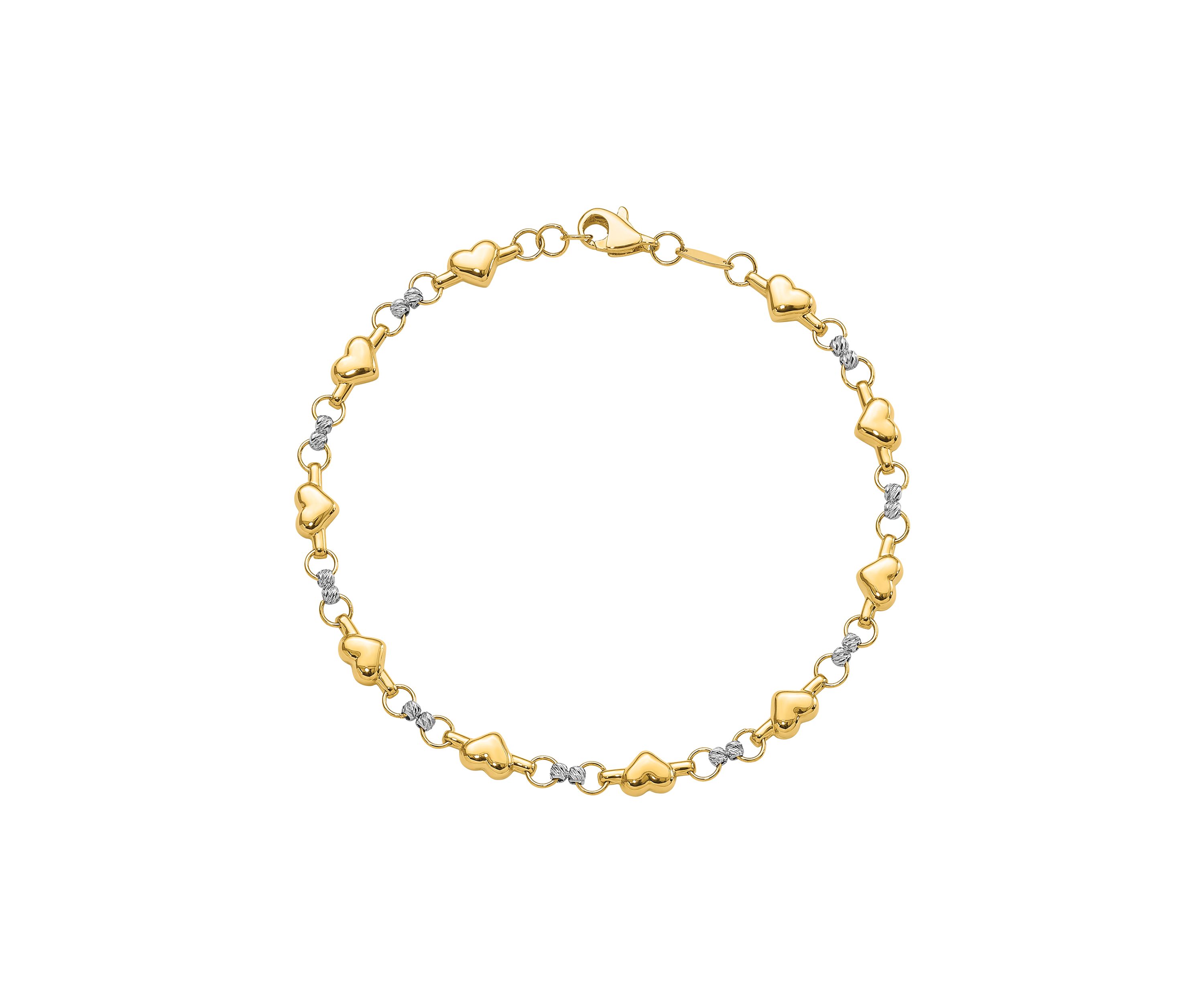 14K Two Tone Polished Diamond Cut Heart 7.5 Inch Bracelet