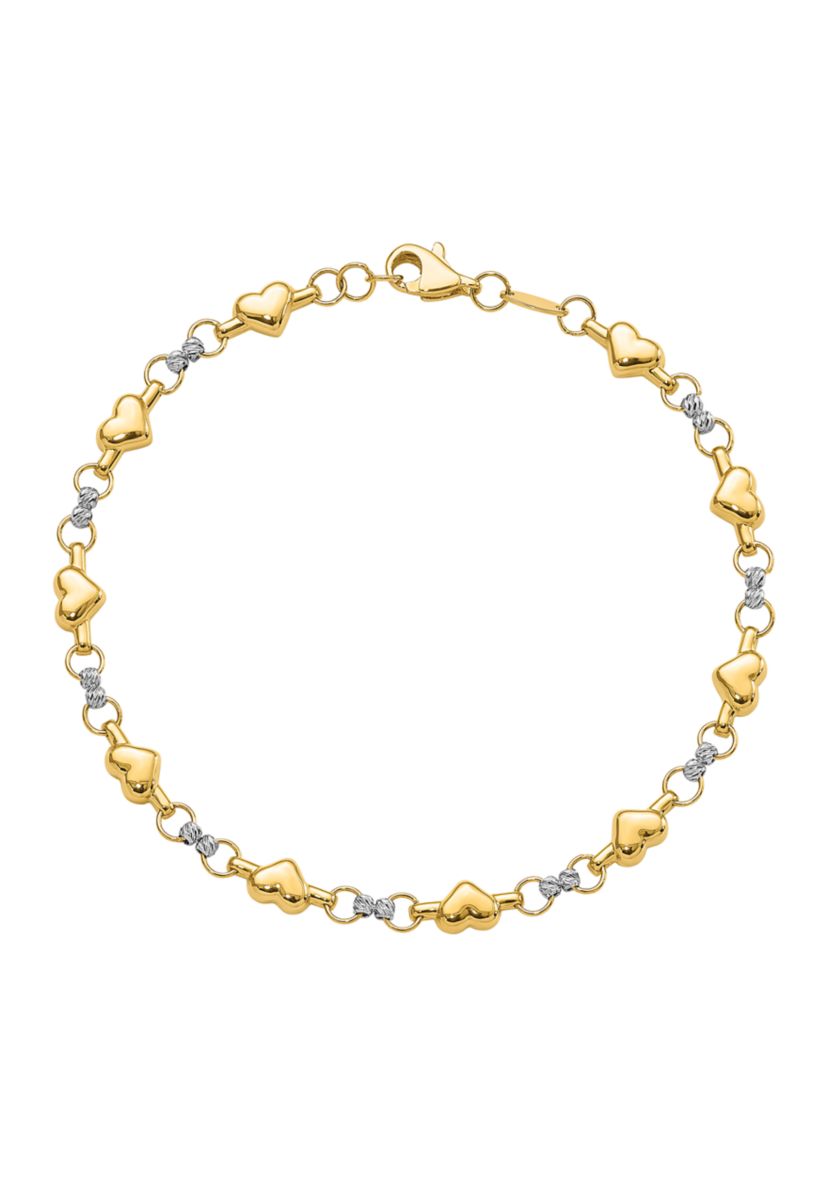 14K Two Tone Polished Diamond Cut Heart 7.5 Inch Bracelet