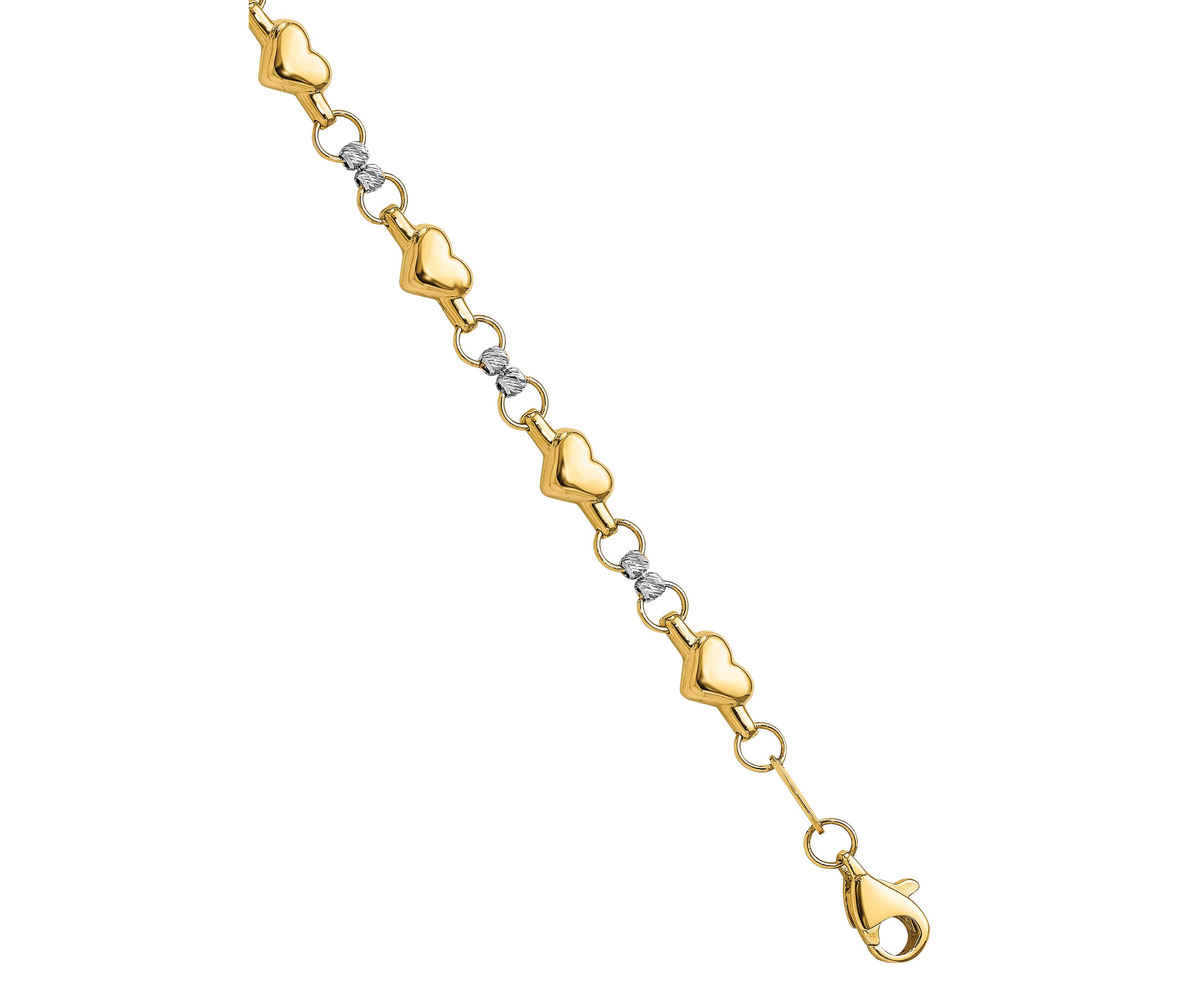 14K Two Tone Polished Diamond Cut Heart 7.5 Inch Bracelet