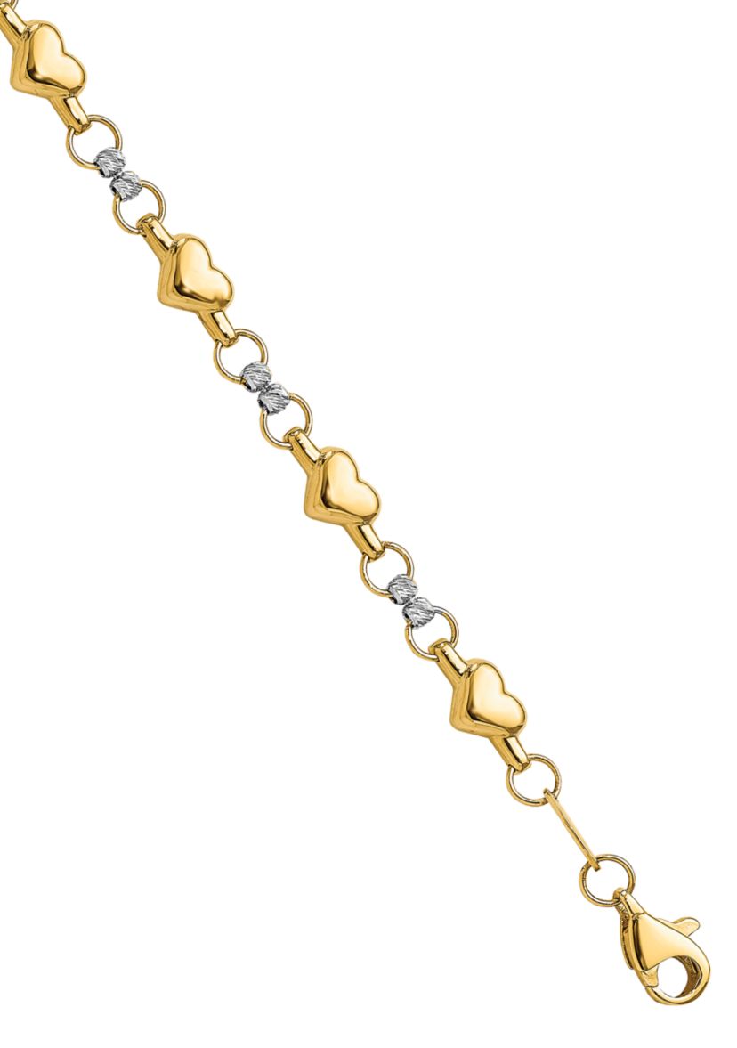 14K Two Tone Polished Diamond Cut Heart 7.5 Inch Bracelet