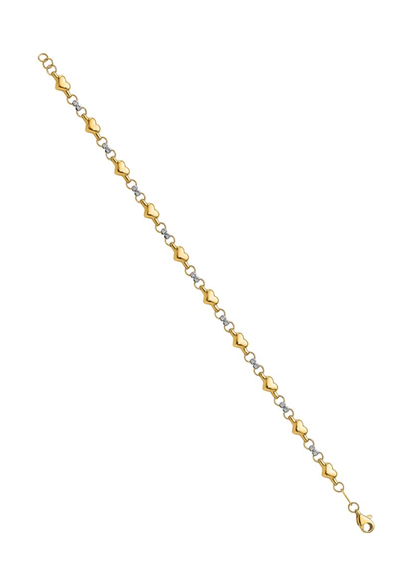 14K Two Tone Polished Diamond Cut Heart 7.5 Inch Bracelet