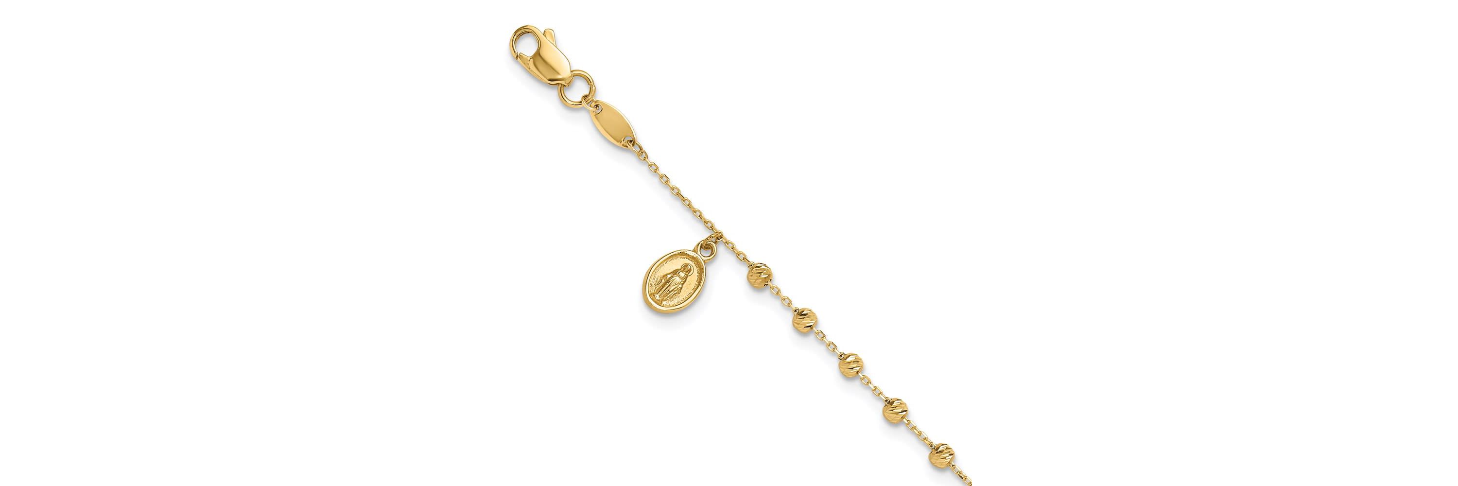 14K Yellow Gold Polished and Diamond-cut Miraculous Medal and Cross Rosary Design Bracelet