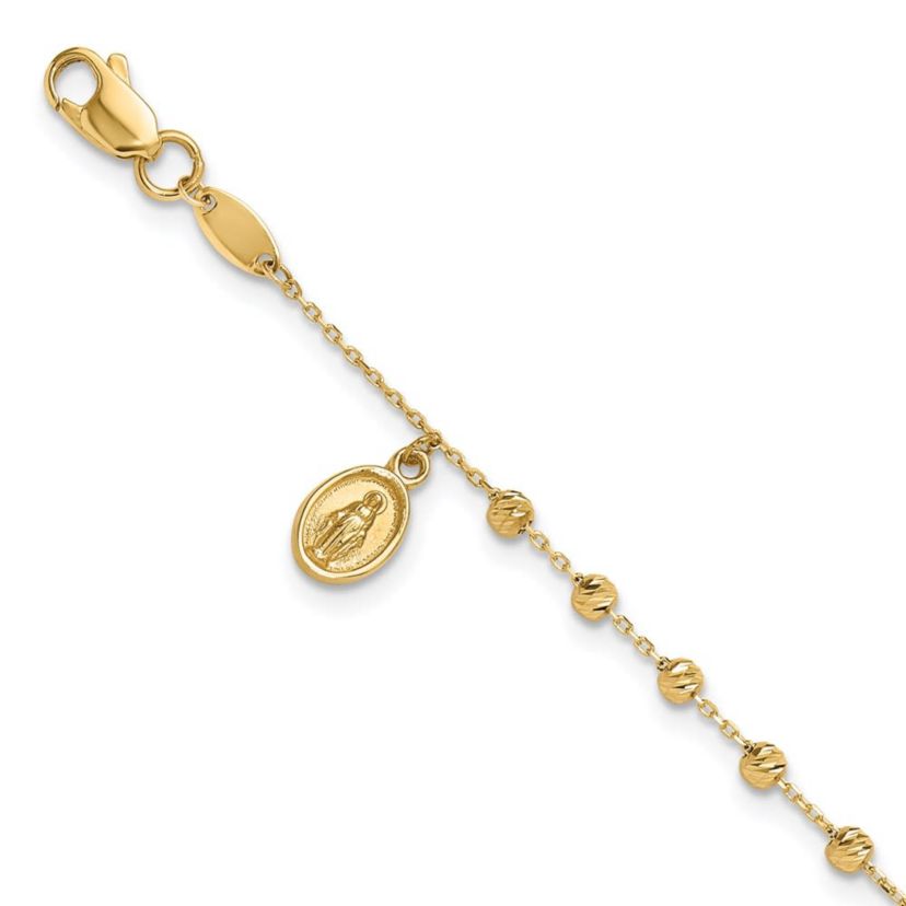 14K Yellow Gold Polished and Diamond-cut Miraculous Medal and Cross Rosary Design Bracelet
