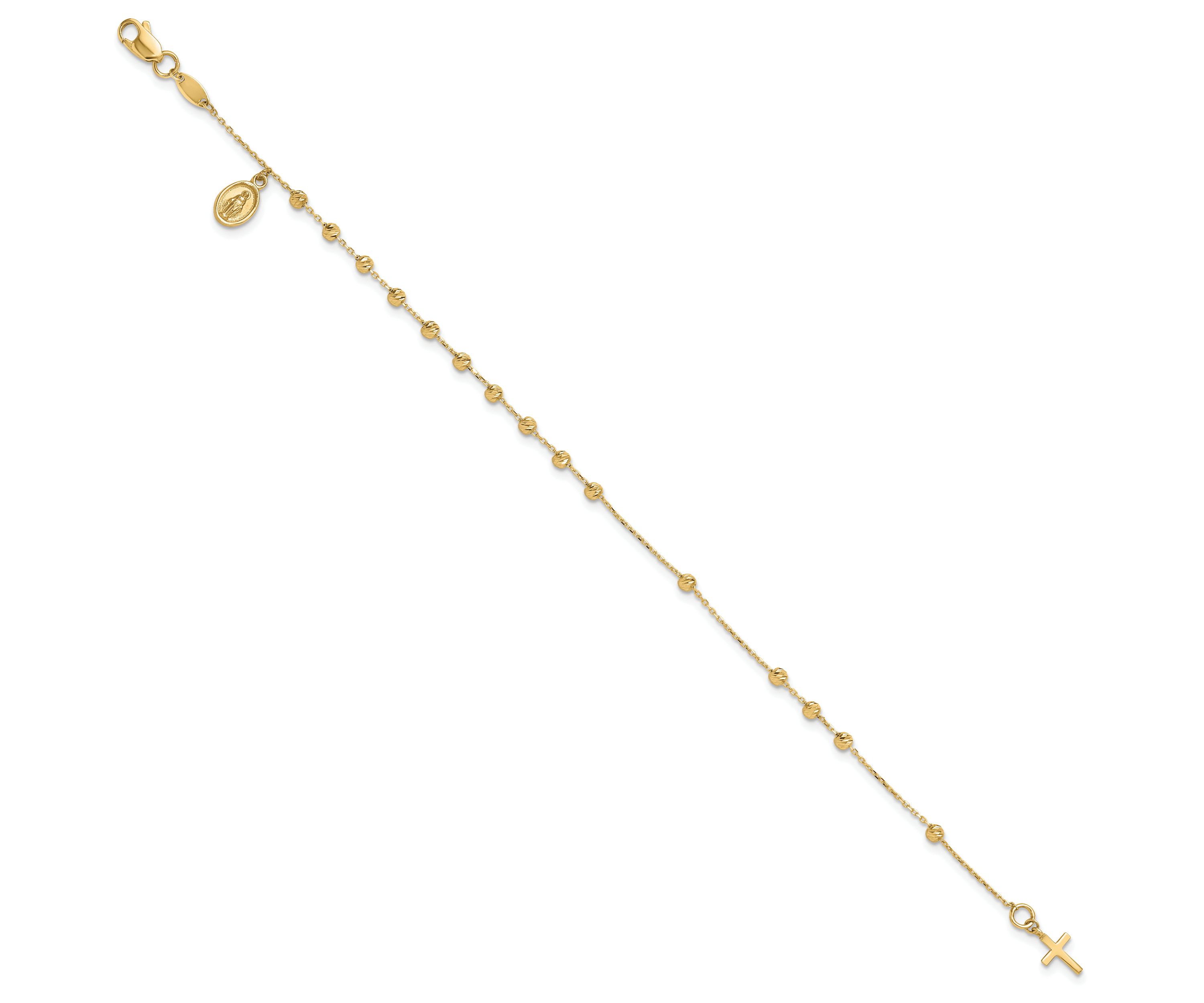 14K Yellow Gold Polished and Diamond-cut Miraculous Medal and Cross Rosary Design Bracelet