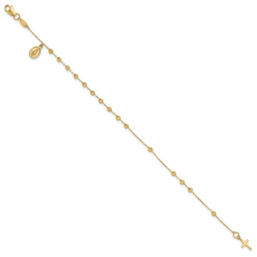14K Yellow Gold Polished and Diamond-cut Miraculous Medal and Cross Rosary Design Bracelet