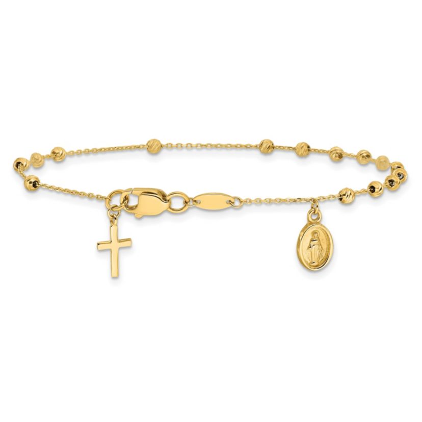 14K Yellow Gold Polished and Diamond-cut Miraculous Medal and Cross Rosary Design Bracelet