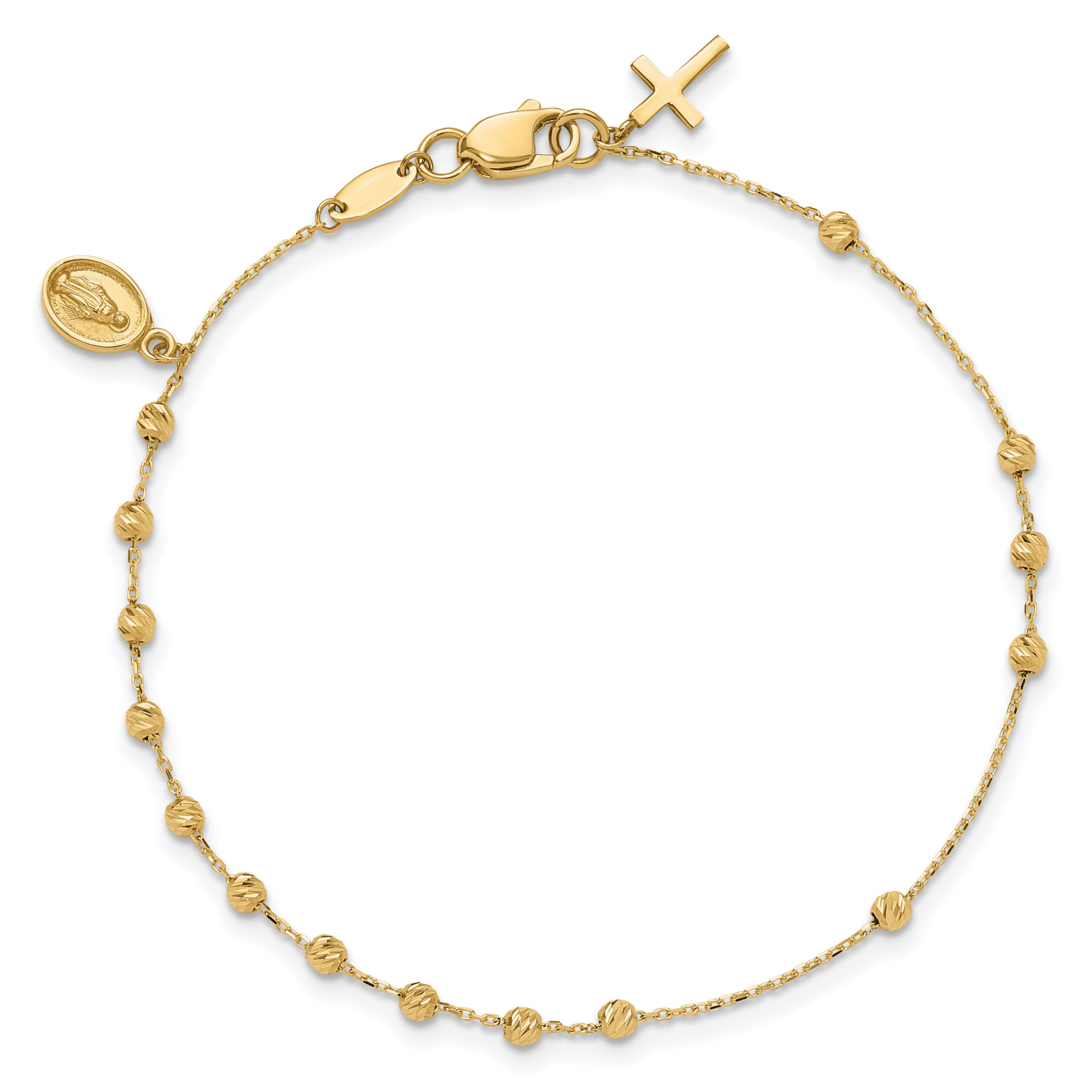 14K Yellow Gold Polished and Diamond-cut Miraculous Medal and Cross Rosary Design Bracelet