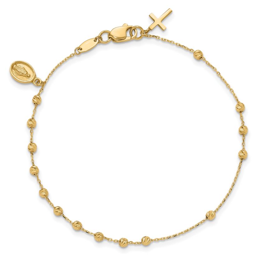 14K Yellow Gold Polished and Diamond-cut Miraculous Medal and Cross Rosary Design Bracelet