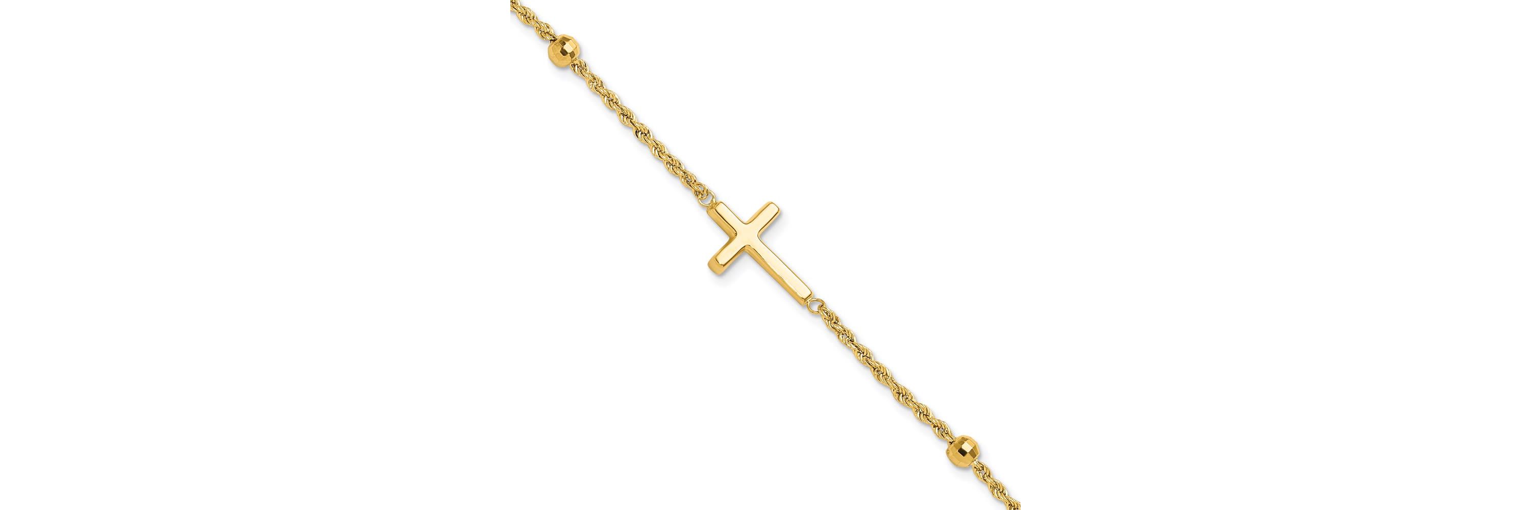 14K Yellow Gold Diamond-cut Beaded Cross 7.5-inch Bracelet