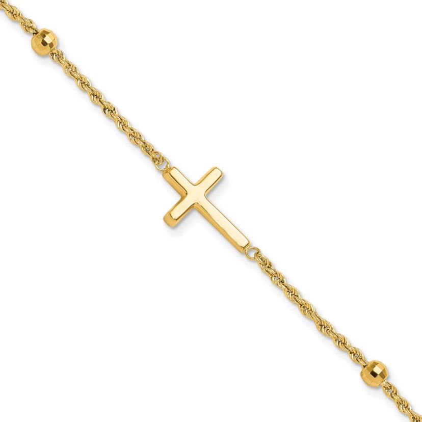 14K Yellow Gold Diamond-cut Beaded Cross 7.5-inch Bracelet