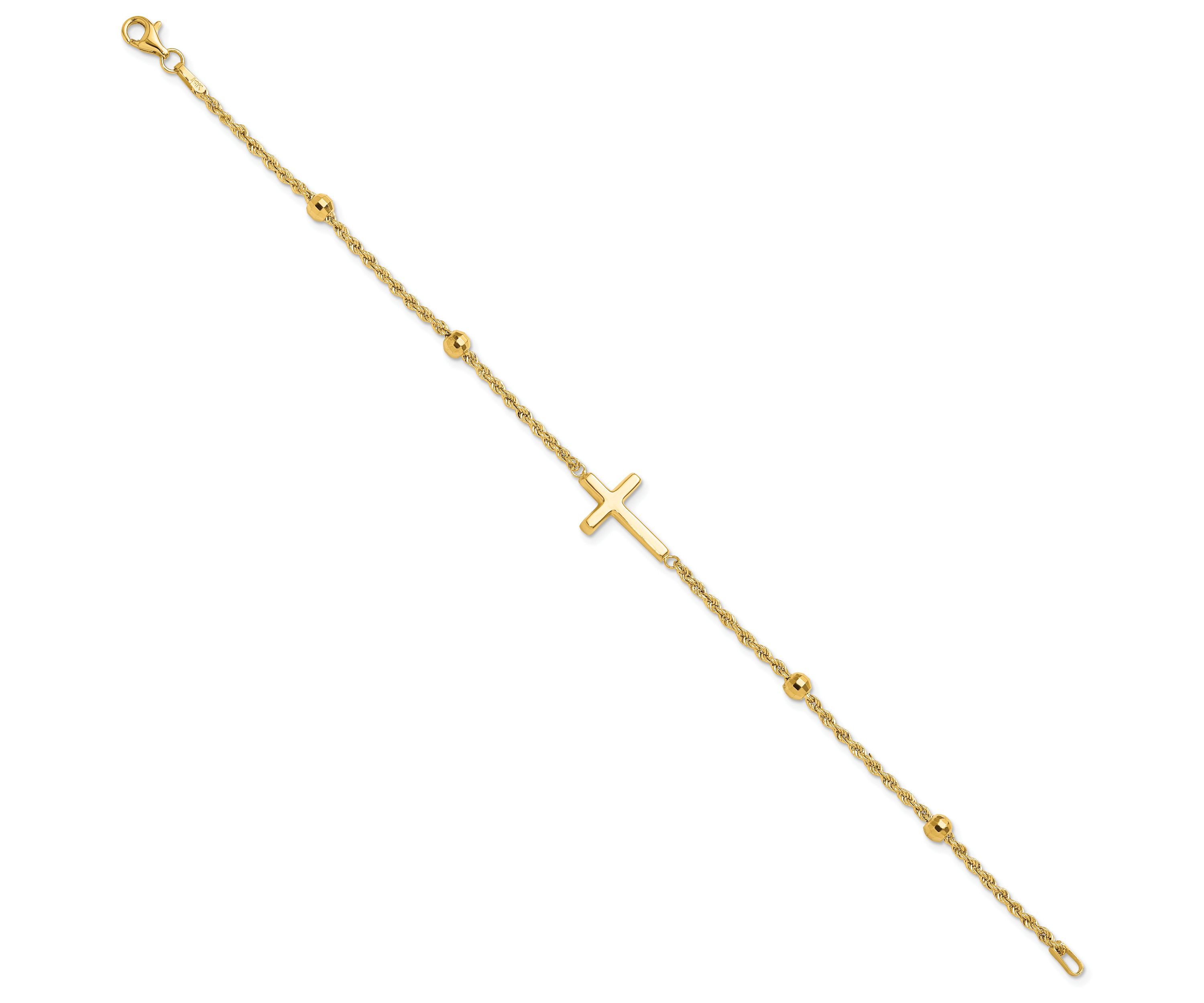 14K Yellow Gold Diamond-cut Beaded Cross 7.5-inch Bracelet