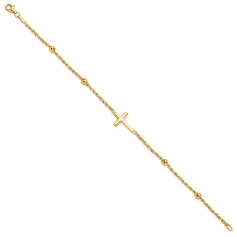 14K Yellow Gold Diamond-cut Beaded Cross 7.5-inch Bracelet