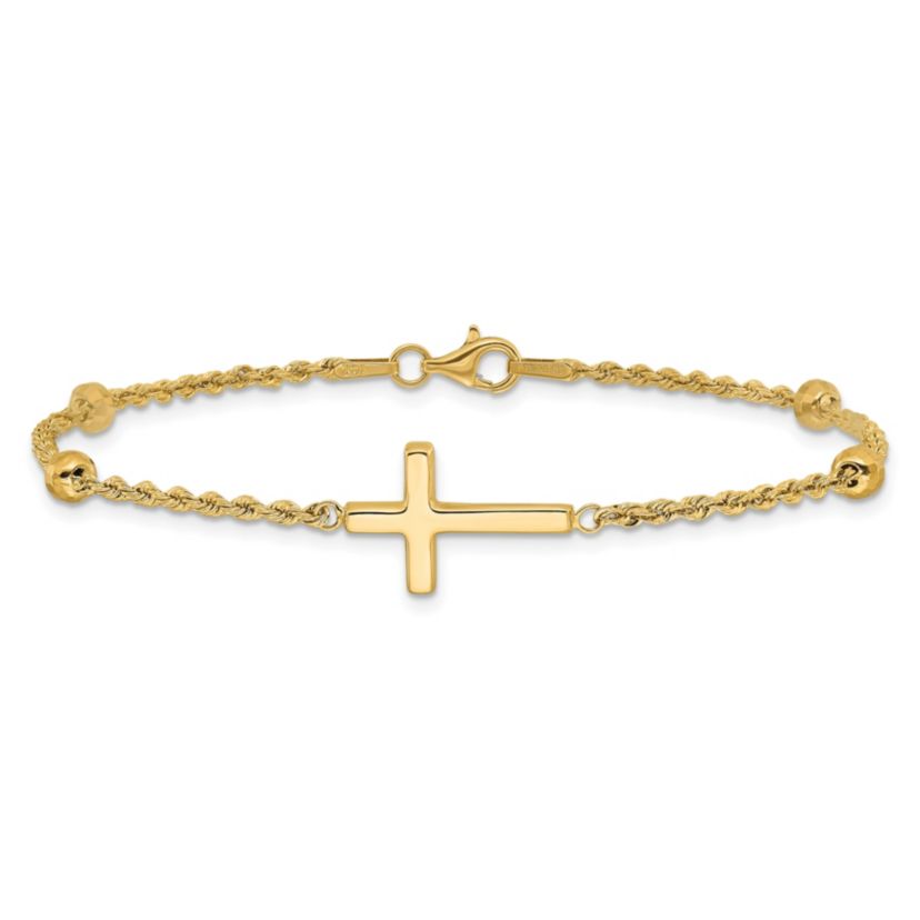 14K Yellow Gold Diamond-cut Beaded Cross 7.5-inch Bracelet