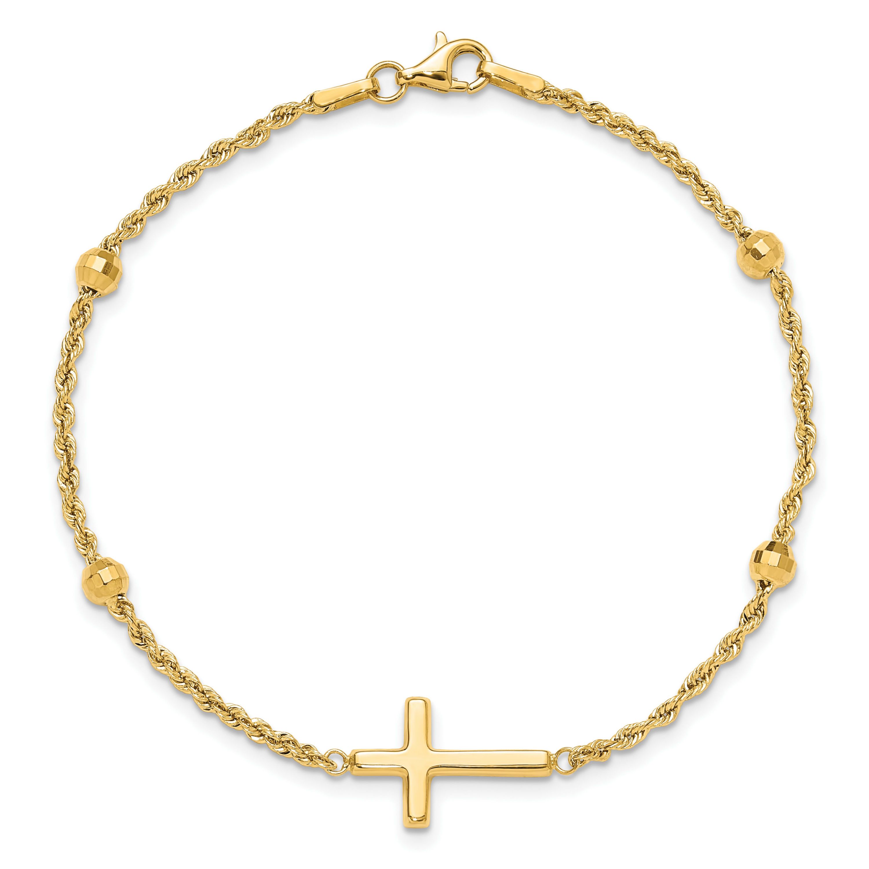 14K Yellow Gold Diamond-cut Beaded Cross 7.5-inch Bracelet